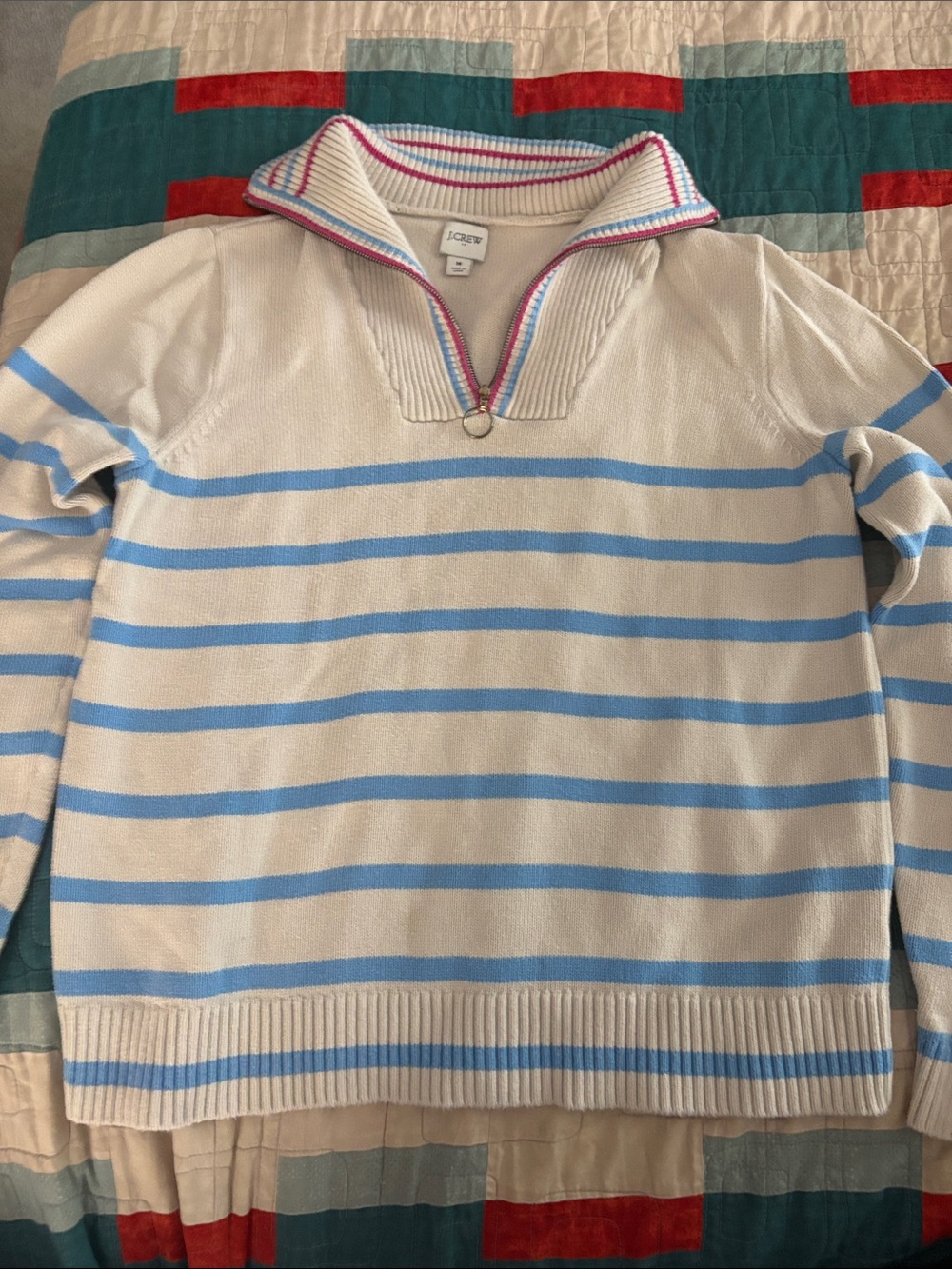 J. Crew Cream & Light Blue Striped Zip Pullover with Pink Trim